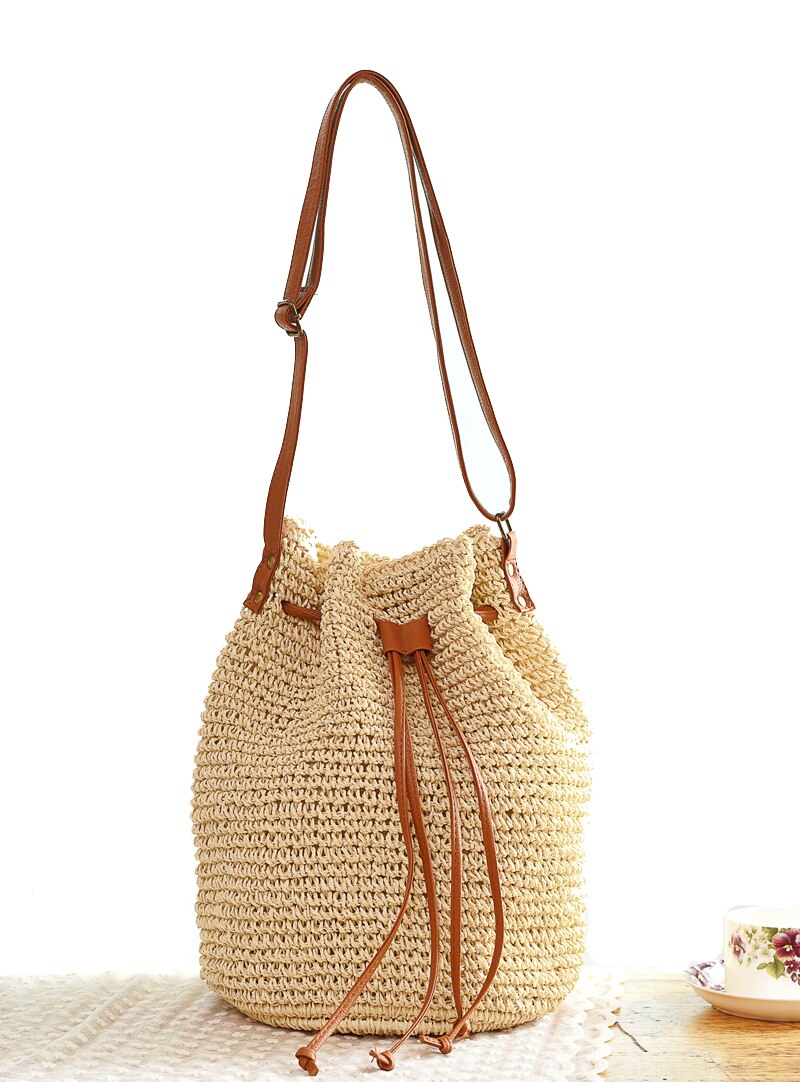 Mochila tejida de paja de para mujer, bandoleras de verano para adolescente, bolso de viaje para mujer, Mochila para libros: Beige