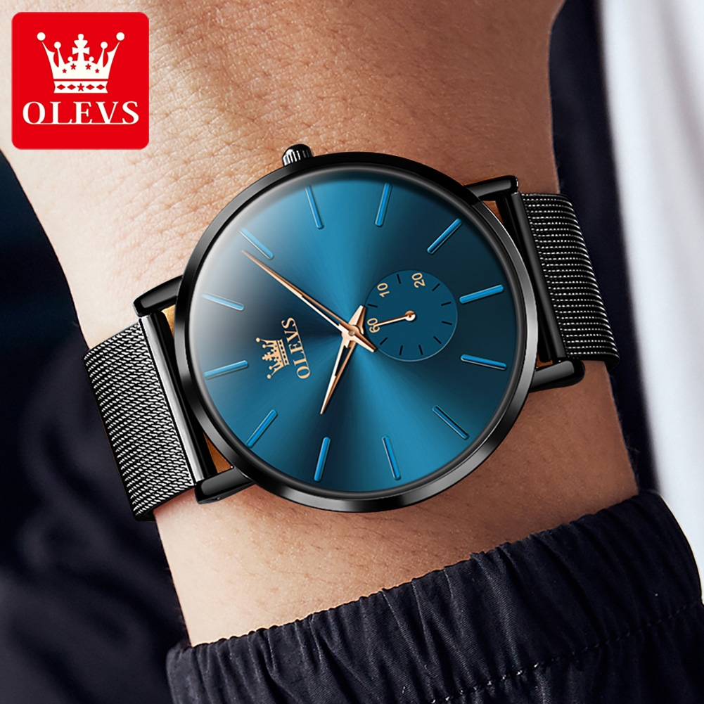 Olevs herrklockor minimalism ultratunna original kvarts armbandsur vattentät lysande oberoende begagnad urtavla nätarmband