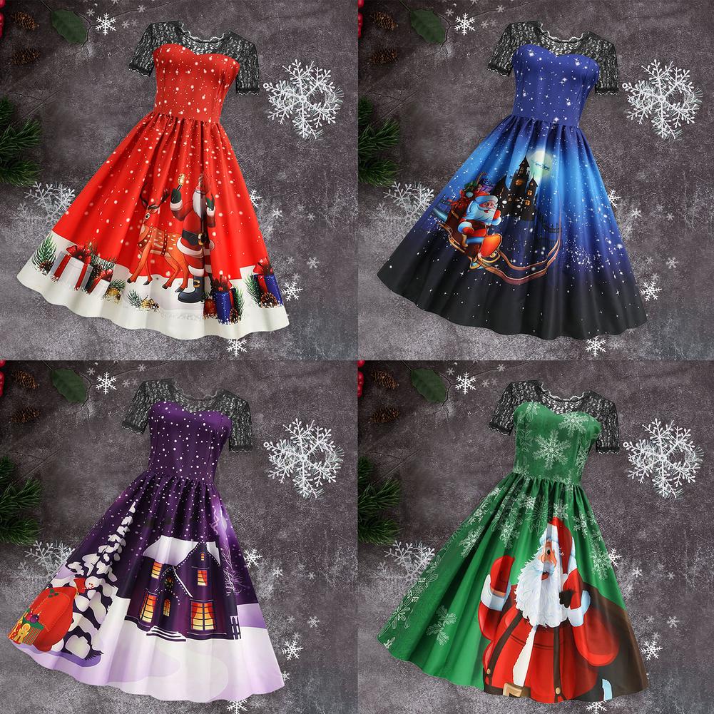 Vestidos de natal do vintage para as mulheres manga curta renda swing vestido vintage cocktail balanço natal impresso vestido de festa traje