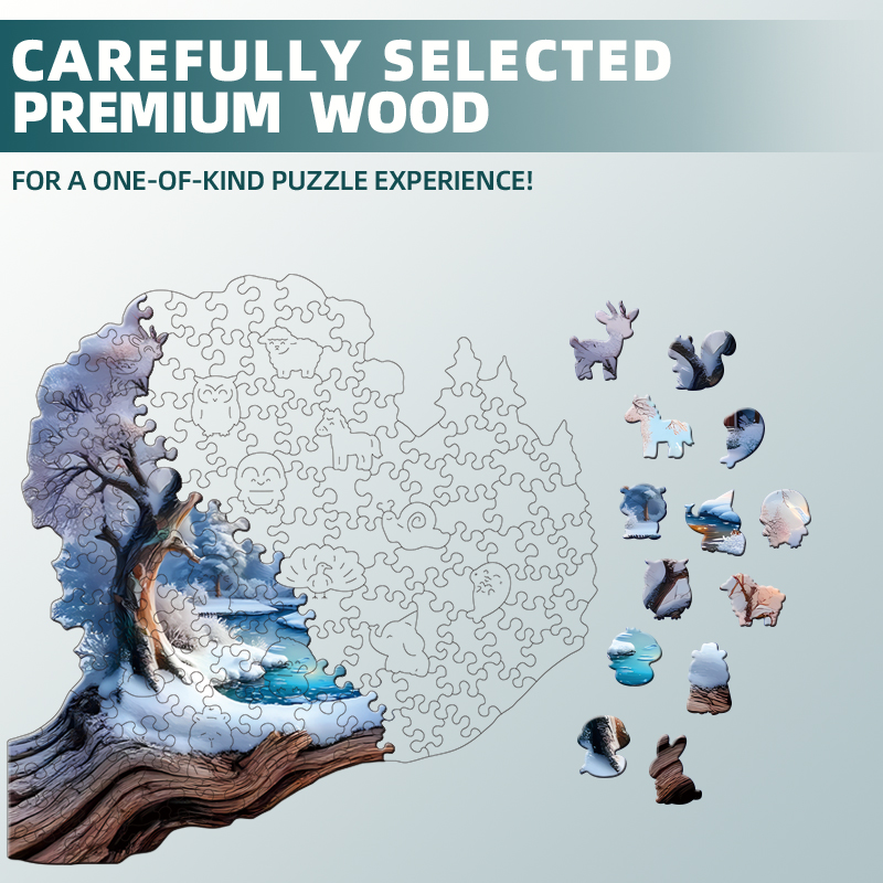 Treehouse in the Snow Wooden Puzzle for Adults, Unique Shaped Pieces, Exquisite Box, Brain Exercise, Room Decor