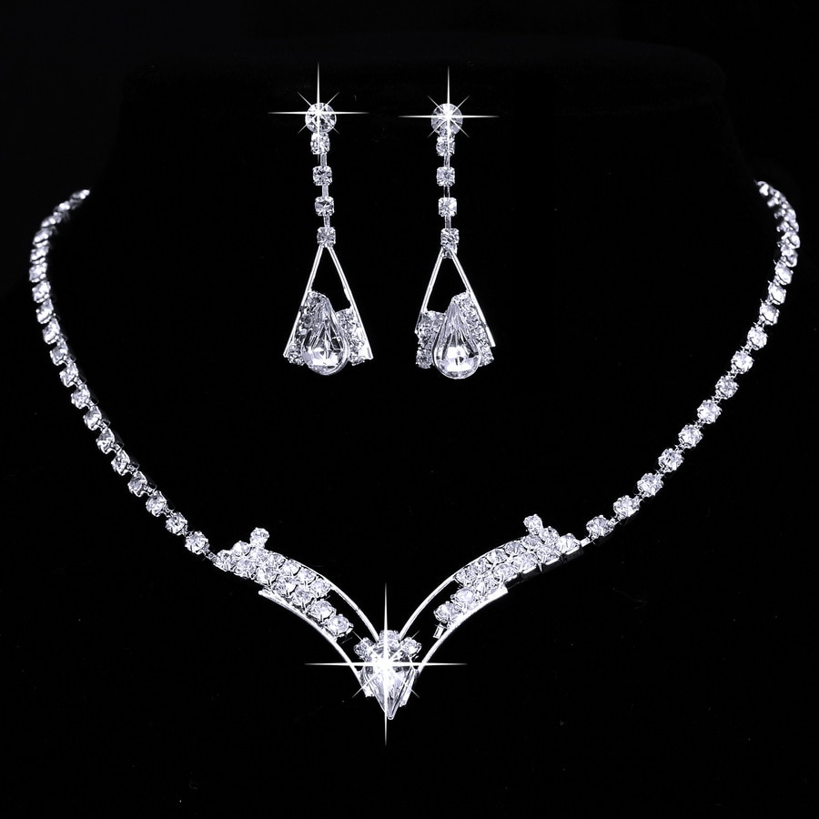 Jewerly Sets Wedding Bridal Set Earring Jewelry Women Sparkling V Shaped Rhinestone Australia Crystal Necklace for Women