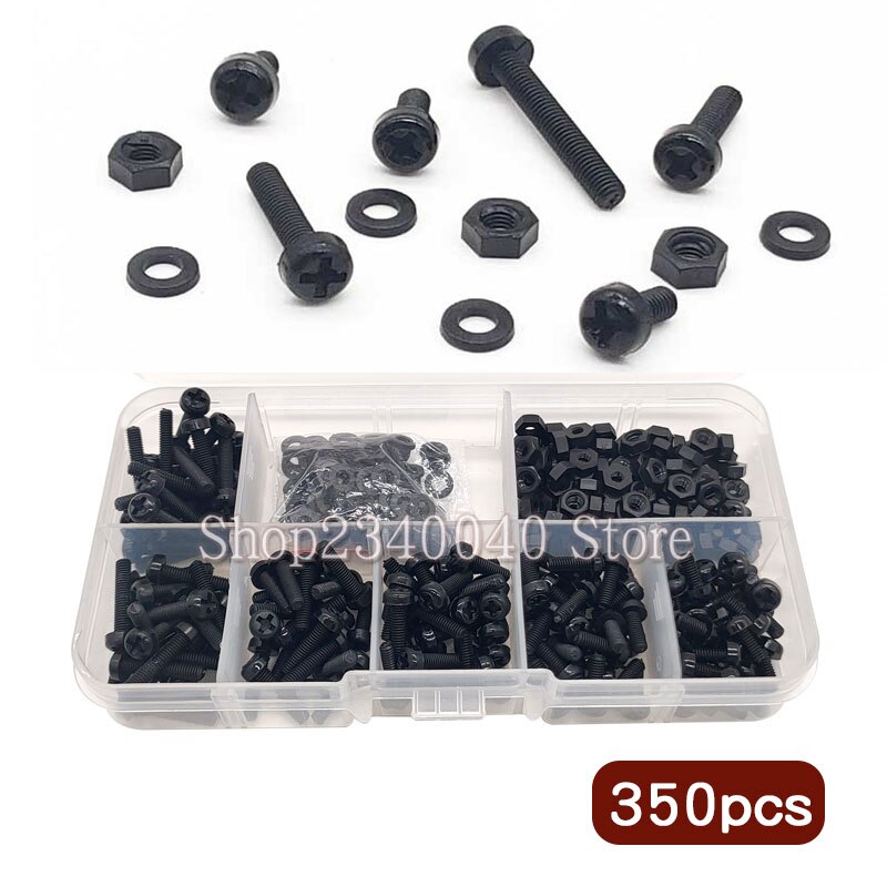 350pcs Plastic Screws Black White Nylon Phillips Pan Head Cross Screw M3 Bolt Nut Washer Assortment Kit length 6/8/10/12/15/20mm