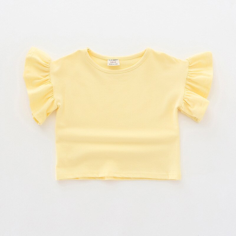 Zomer Meisje Katoenen Casual T-Shirt Effen Kleur Korte Ruffle Mouwen Stijl Baby Kinderen Pasgeboren Meisjes Sweatshirt Tops: yellow / 18m