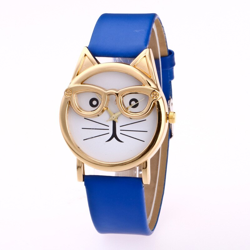 Hello kitty tegneserie sød kat bære briller børn se børn leopard ur fødselsdag studerende dreng pige farverigt ur: Blå