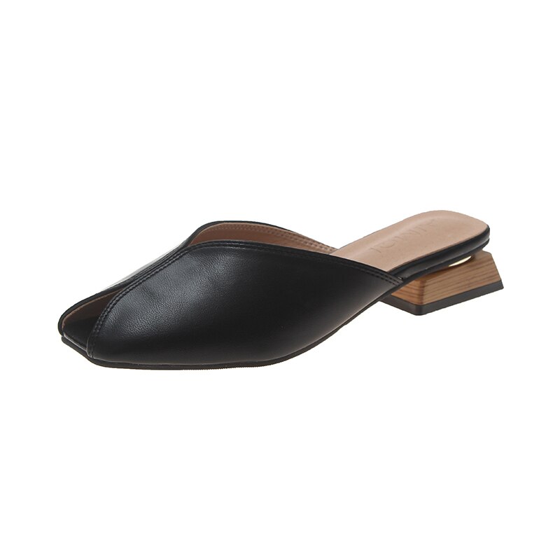 Peep toe tofflor mules skor kvinnor med chunky heel läder pumps sandaler sommar vår casual drags slides 4 cm