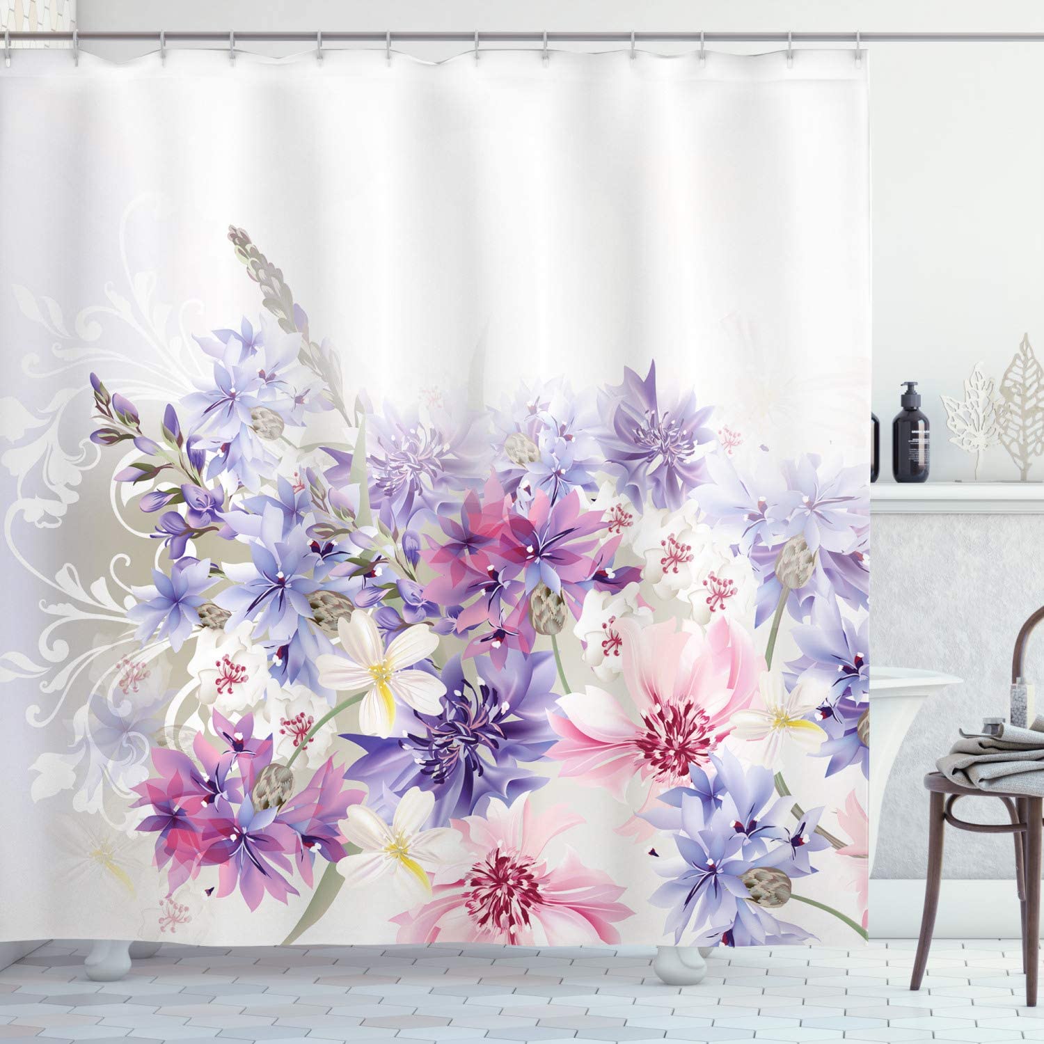 Lavendel badeforhæng pastel kornblomster brude klassisk blid blomster bryllup print badeværelse indretning sæt med krog