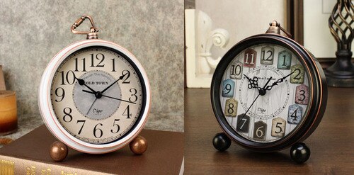 Small Retro Desk Clock Silent Metal Alarm Clock Bedroom Desktop Clock Roman Numerals Relogio Mesa Wrought Clocks AC50TC: Style12-2pcs