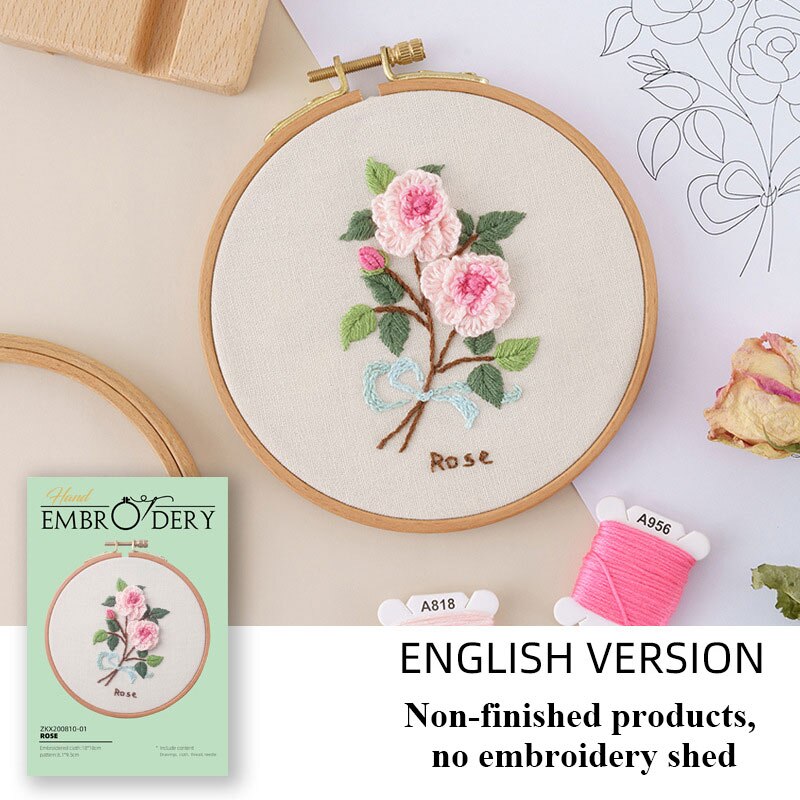 Nybegynner gjør-det-selv stemplet broderi startsett fargerike blomster planter mønster broderi stoff tråder verktøysett dekor kunstverk: Rosa