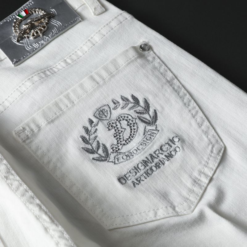 Men&#39;s White Slim Jeans Advanced Stretch Embroidery Decoration Denim Trousers Male Brand Pants 38