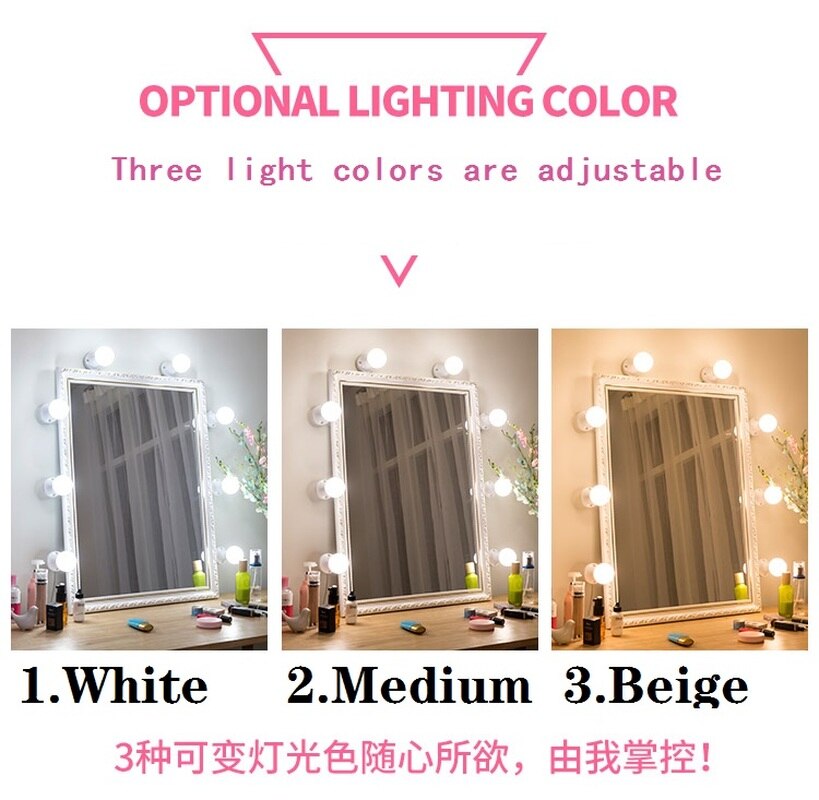 10 Luces de LED para espejo de tocador, maquillaje, tocador, espejo, maquillaje ligero, luz LED, USB, Bombilla brillante, espejo cosmético
