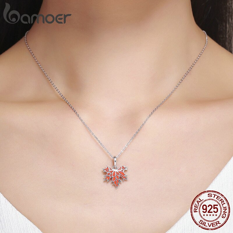 BAMOER 100% 925 Sterling Silver Autumn Maple Tree Leaves Pendant Necklace for Women Luxury Sterling Silver Jewelry CC585