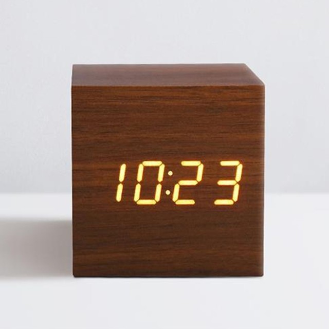 Digitale Houten Led Wekker Retro Glow Klok Desktop Voice Control Klok Led Display Houten Klokken Slaapkamer Woonkamer: brown white light