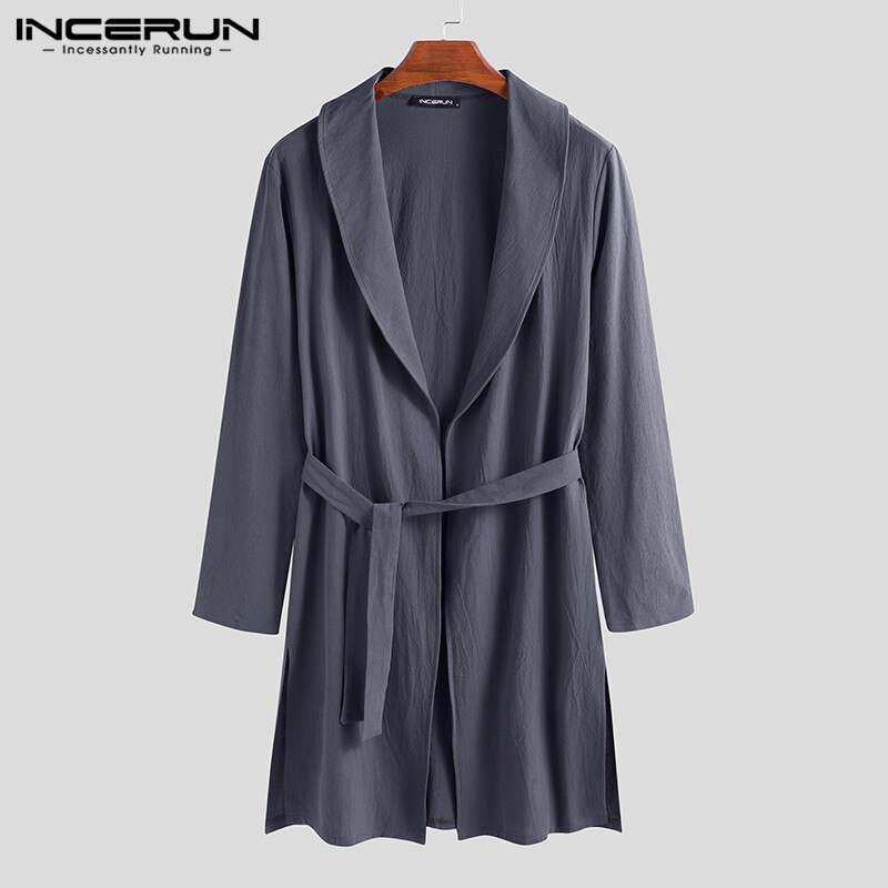INCERUN Mode Comfort Katoen Mannen Solid Revers Lange Mouw Nachtjapon Heren Badjas Casual Riem Kamerjas Homewear Pyjama: Grey / XL