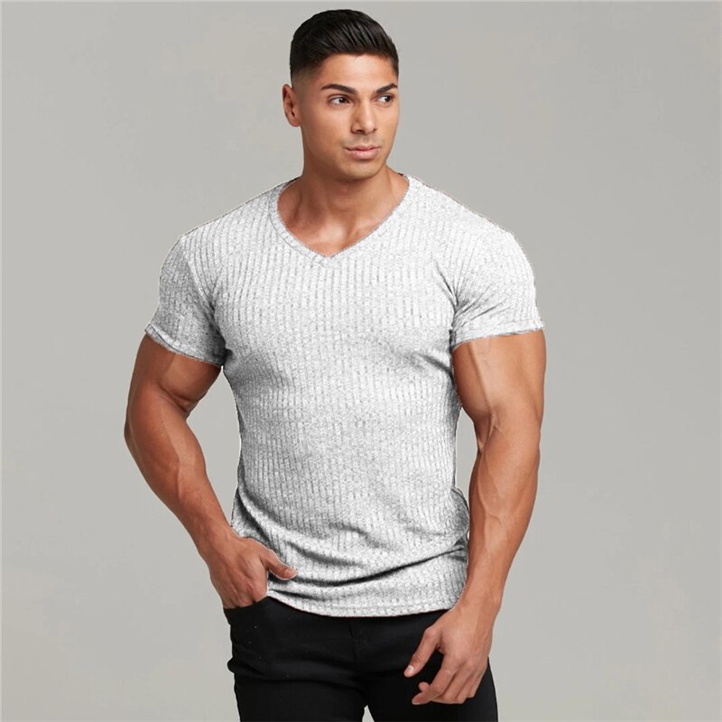 Zomer hardloopshirt met v-hals en korte mouwen, gebreid t-shirt voor heren, sportshirt, slim fit t-shirt, fitness, bodybuilding, trainingskleding: V-hals wit / M