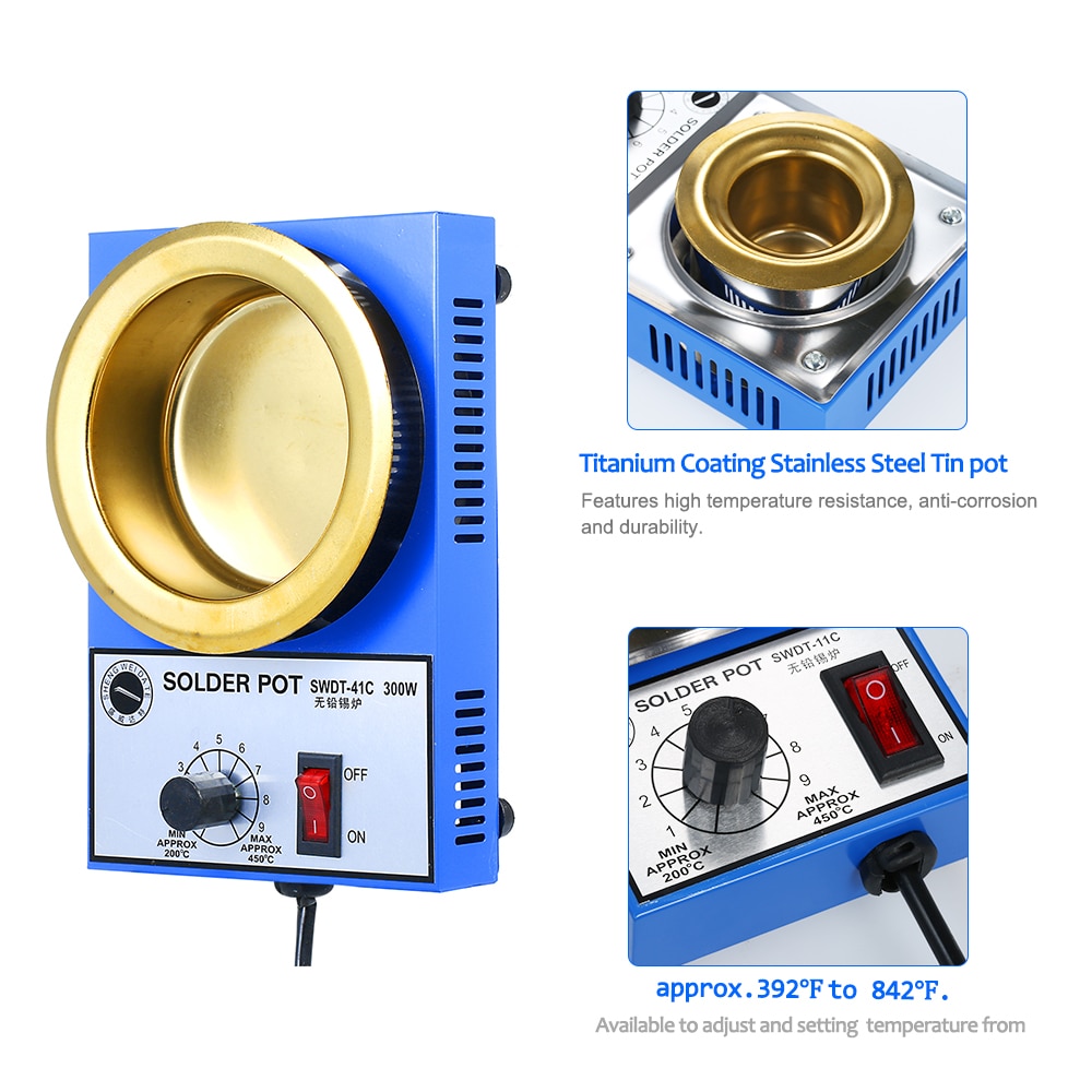Olla de soldadura de 220V y 300W, horno de fusión de estaño, termorregulación, baño para soldar, 100/80/50/38mm, 200 ~ 450 grados centígrados, enchufe de la UE