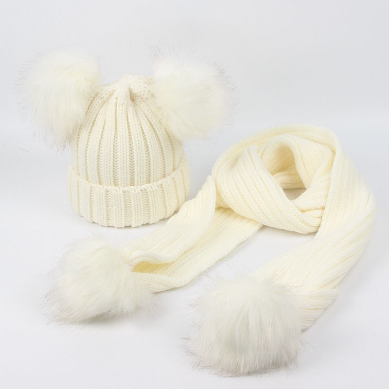 Conjunto de bufanda y gorro para niños y niñas, doble pompón de piel sintética, cálido, tejido, largo, Invierno: milk wihte