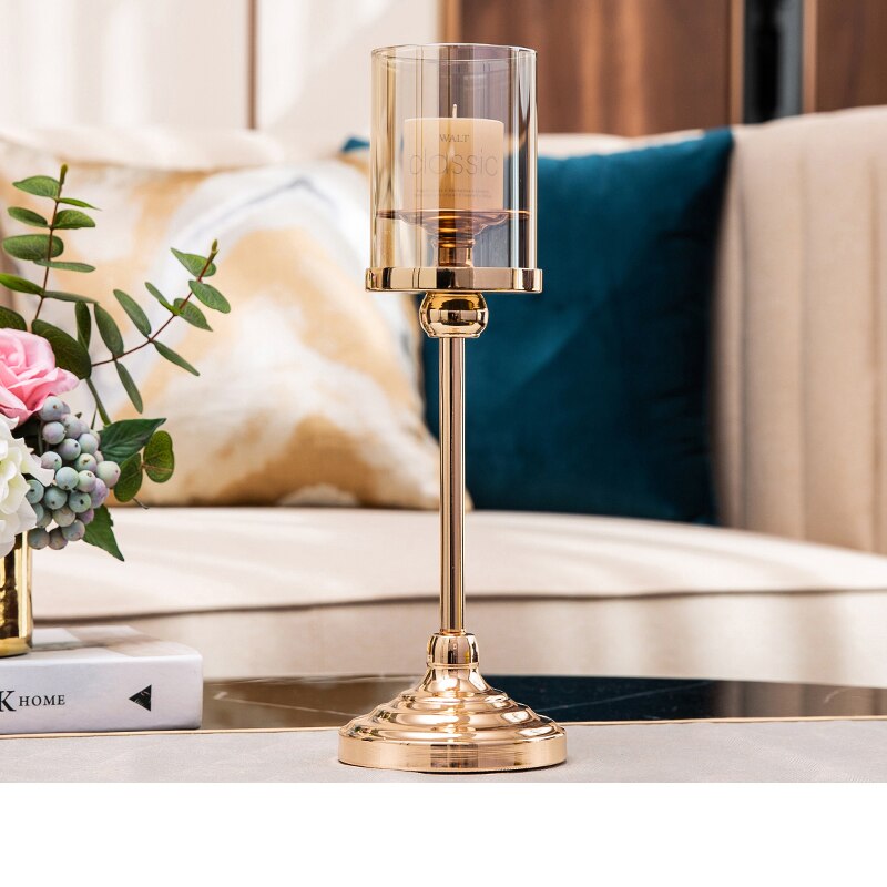 Nordic Metal Gold Tealight Candle Holders For Wedding Decorations With Glass Cover Windproof Candle Holder: big with cover