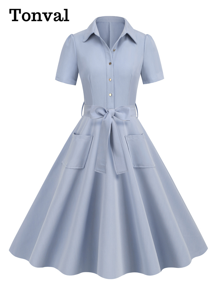 Tonval Marineblau Jahrgang Aufstecken Kleid Baumwolle lange Kleider Frauen Knopf oben Gürtel Rockabilly schwingen Kleid
