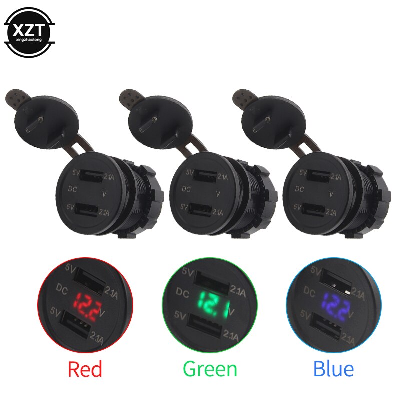 Motorcycle Car Charger - Dual USB LED Voltmeter - 3 Colors - 5.4cm