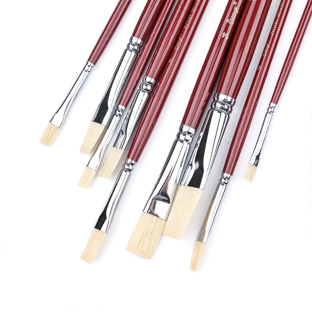 Bianyo 9Pcs Varkenshaar Haar Platte Kwasten Lange Handvat Olie Acryl Voor Kunstenaar Professionele Tekening Schilderen Kunst Levert