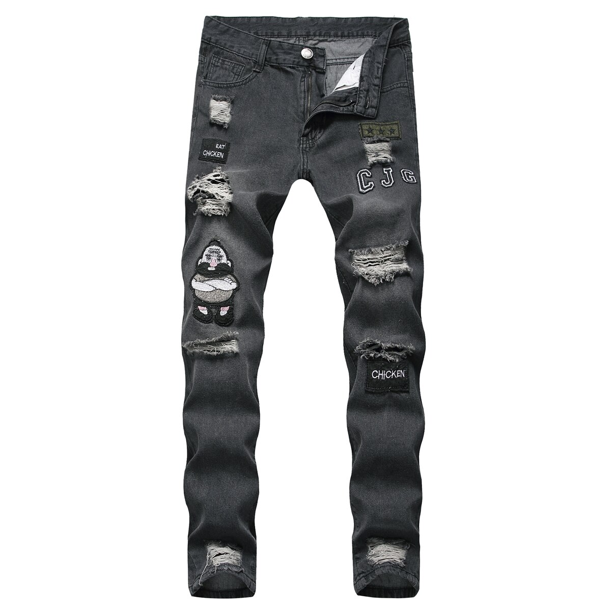Jean de motard mince extensible déchiré pour hommes, Jean de rayé avec broderie de motard, Denim imprimé, trous et destruction, coupe Slim, 3 Styles: Black / M