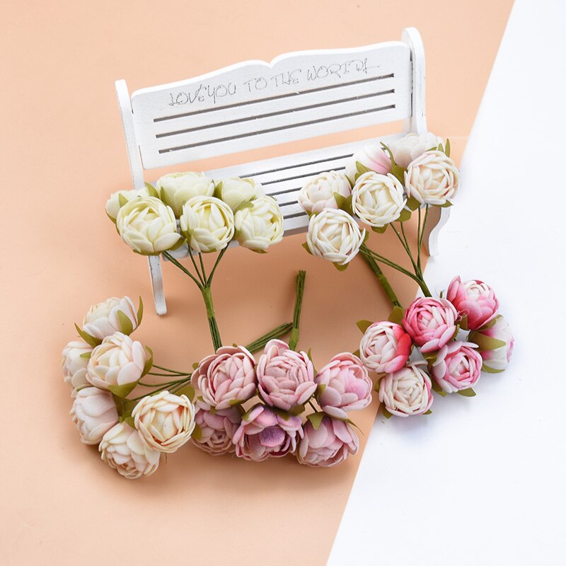 6 stk silke te knopper roser vaser til hjemmeinnredning julekrans gjør-det-selv-boks bryllup dekorative blomster kunstige blomster billig