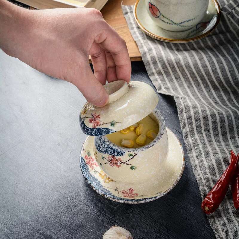 Filles à vapeur avec couvercle, bol à pudding en céramique, tasse à vapeur à œufs japonaise, Dessert, accent d'oiseau, petit bol à soupe aux œufs