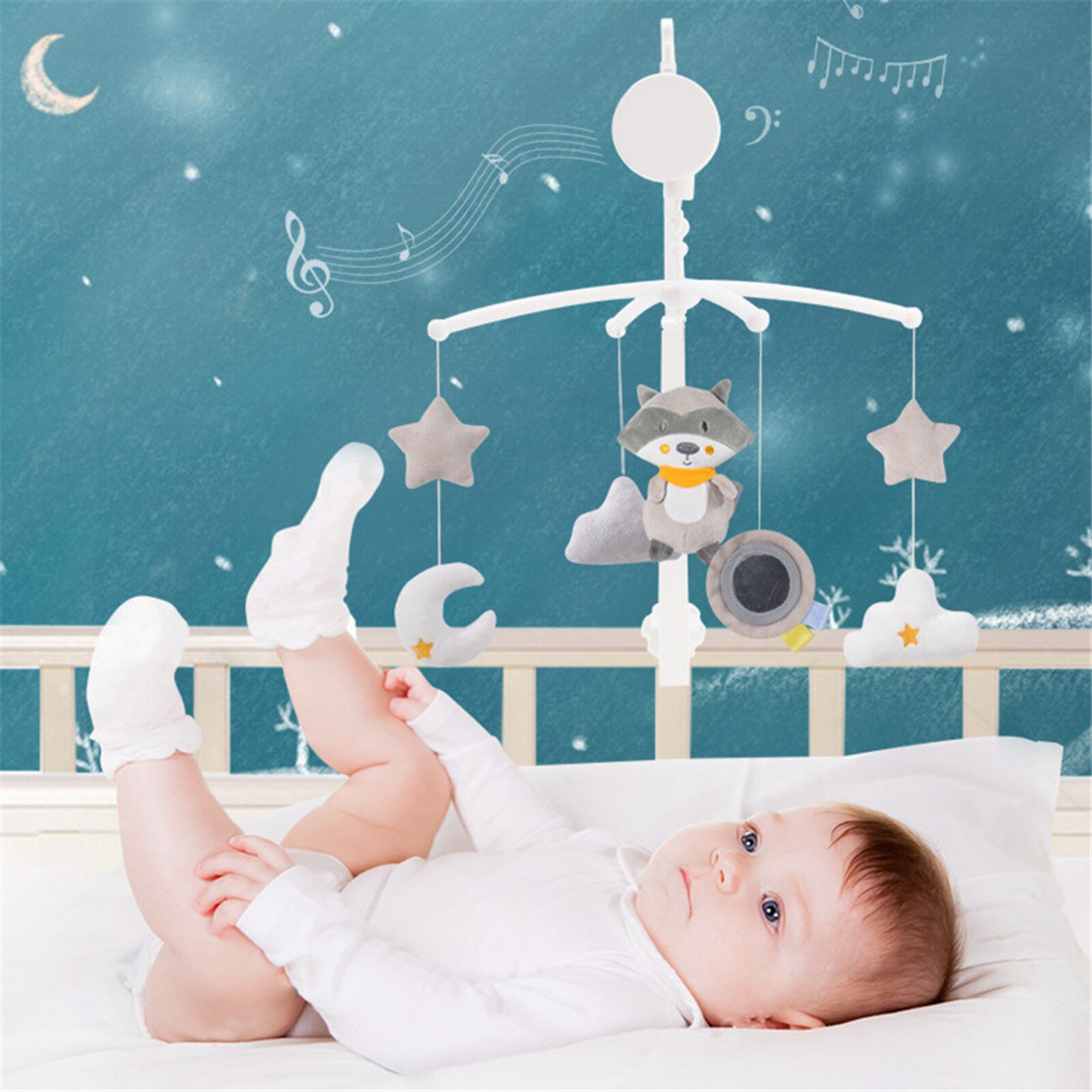 Mobile Musical Cradle Baby, 360 ° Rotatable Baby Crib Holder Toy Bed Bell Hanging Toys Wind-up Music Box Baby Rattle Toys