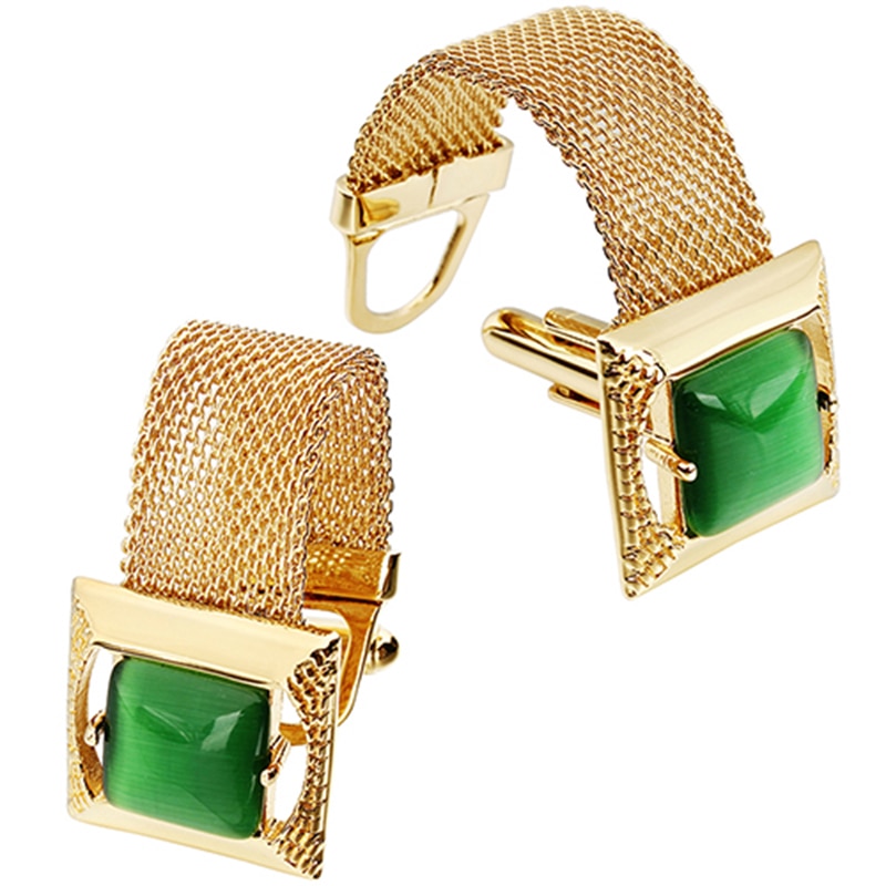 Hawkons manchetknopen met ketting voor heren - stenen en glanzend gouden overhemdaccessoires - feest voor jonge mannen (kattenoog)