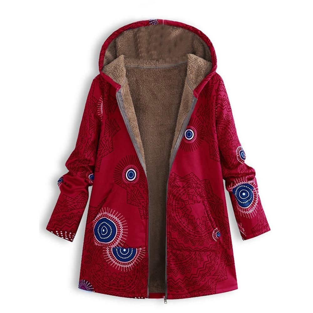 Womens Casual Winter Coat jacket Warm velvet Outwear Floral Print Hooded Pockets Zipper Print Ethnic Style Outwear