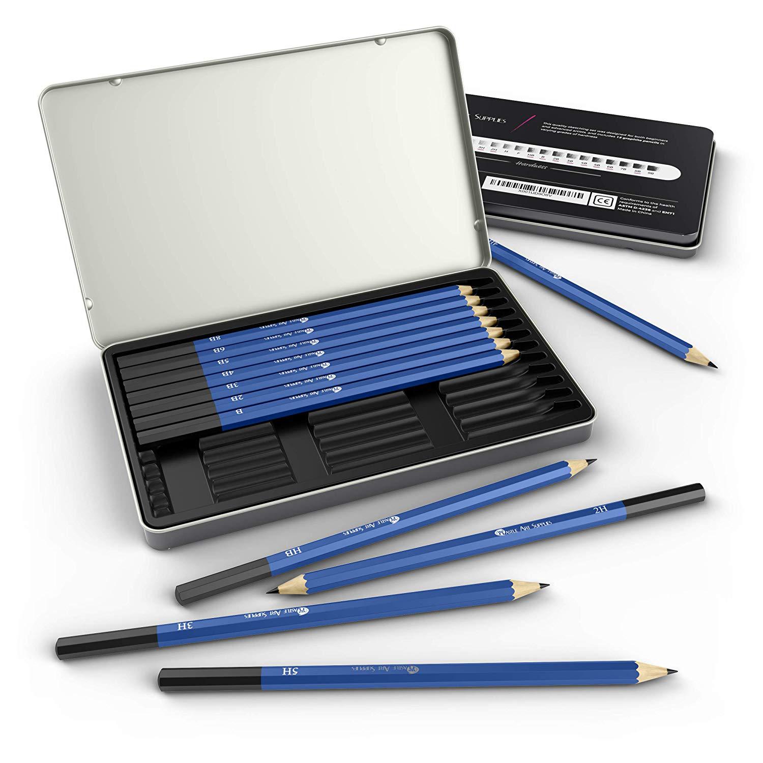 Sketching Graphite Pencils with 12 Different Hardness for Beginner and Artist with Iron Box Student