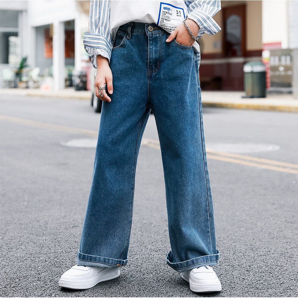 Pantalones vaqueros jóvenes para niñas, pantalones gruesos holgados de pierna ancha para niños, ropa vaquera azul, 8, 10 Y 12 años, Otoño e Invierno