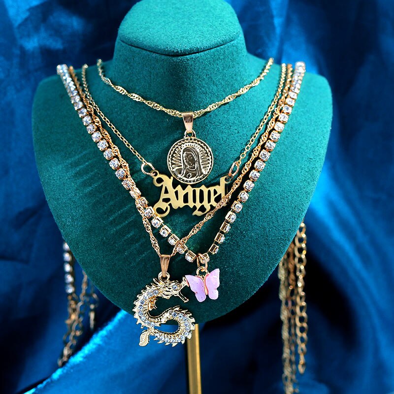 Collares de cristal multicapa con de mariposa y dragón para mujer, cadena de clavícula con letras de Ángel dorado Punk, joyería para de hip hop, novedad: Chapado en zinc azul