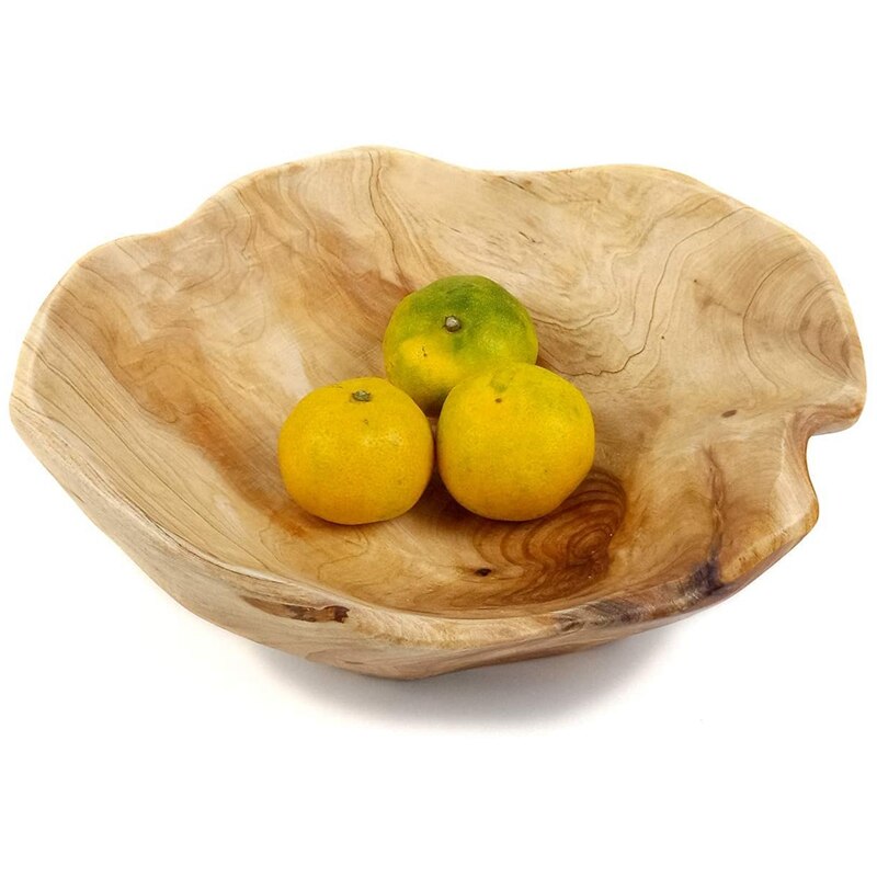 Cuenco de madera tallado a mano para fruta y ensalada, tazón para sala de estar, tazón de madera auténtica para dulces