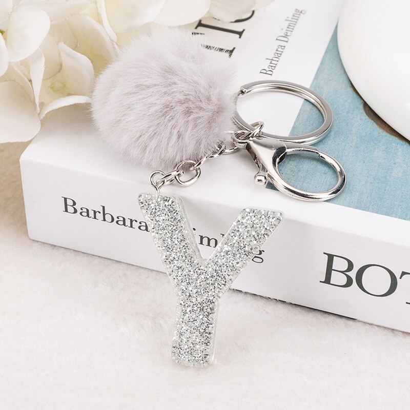 1 PC Sleutelhanger Zilver Kleur Engels Brief Sleutelhanger met Puffer Bal 26 Engels woord Glitter Hars A TOT Q Handtas bedels voor Vrouw: # P6/613