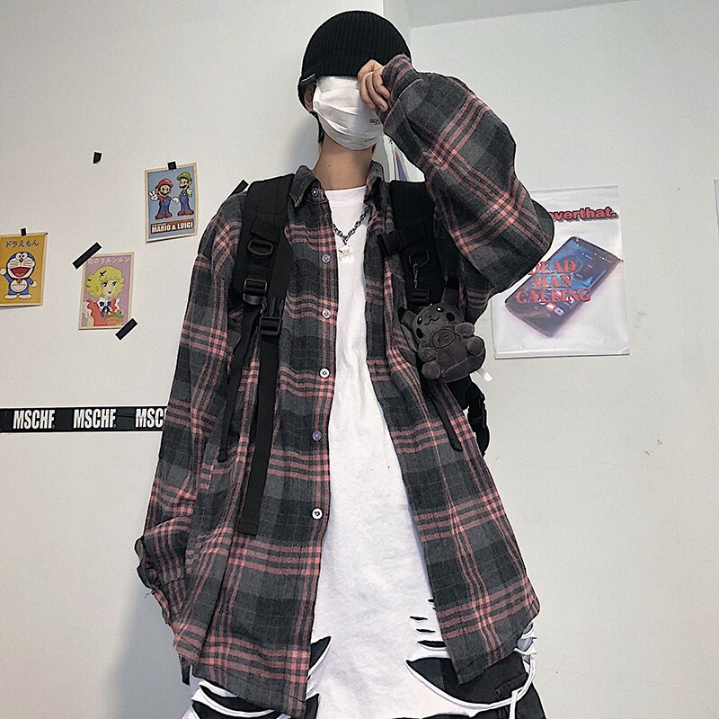 Koreansk stil plaid skjorte ulzzang hip hop langærmet tøj kpop oversize toppe harajuku herre afslappede skjorter mand
