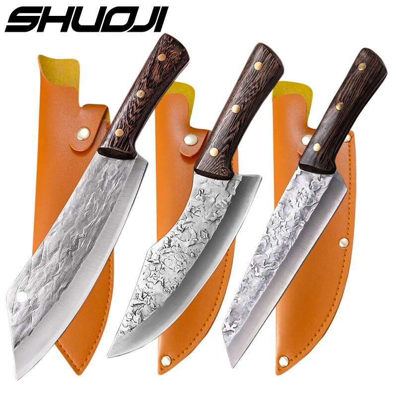 Forge Boning Knife Japanese Full Tang Handle Knife Handmade Steel Kitchen Boning Knives Chef Slicing Utility Santoku Cleaver: 3PCS set with sheath
