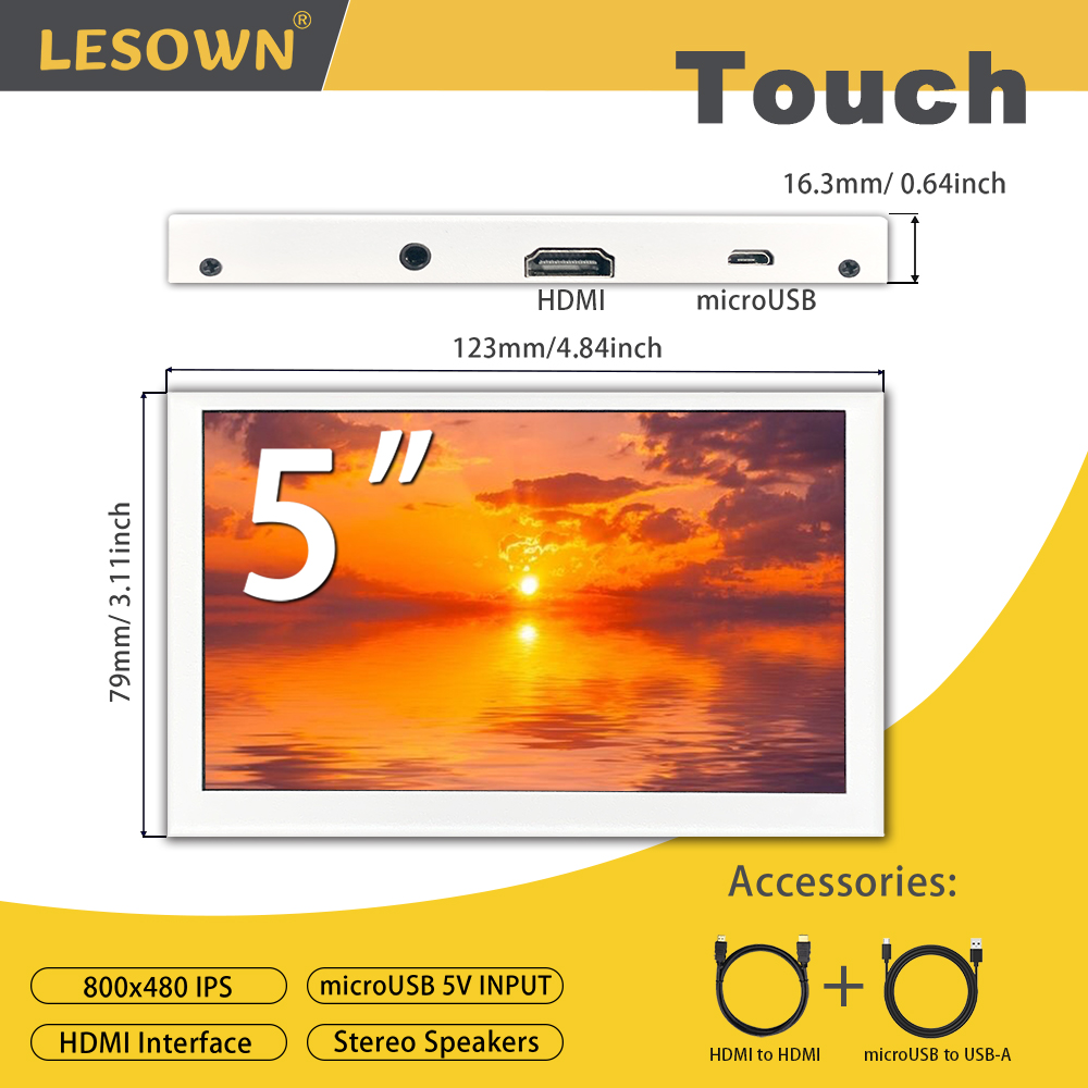 LESOWN 5 inch monitor mini-scherm HD 800x480 IPS HDMI LCD extra micro-display voor Raspberry Pi 5 4 3B + Windows PC wit: Black