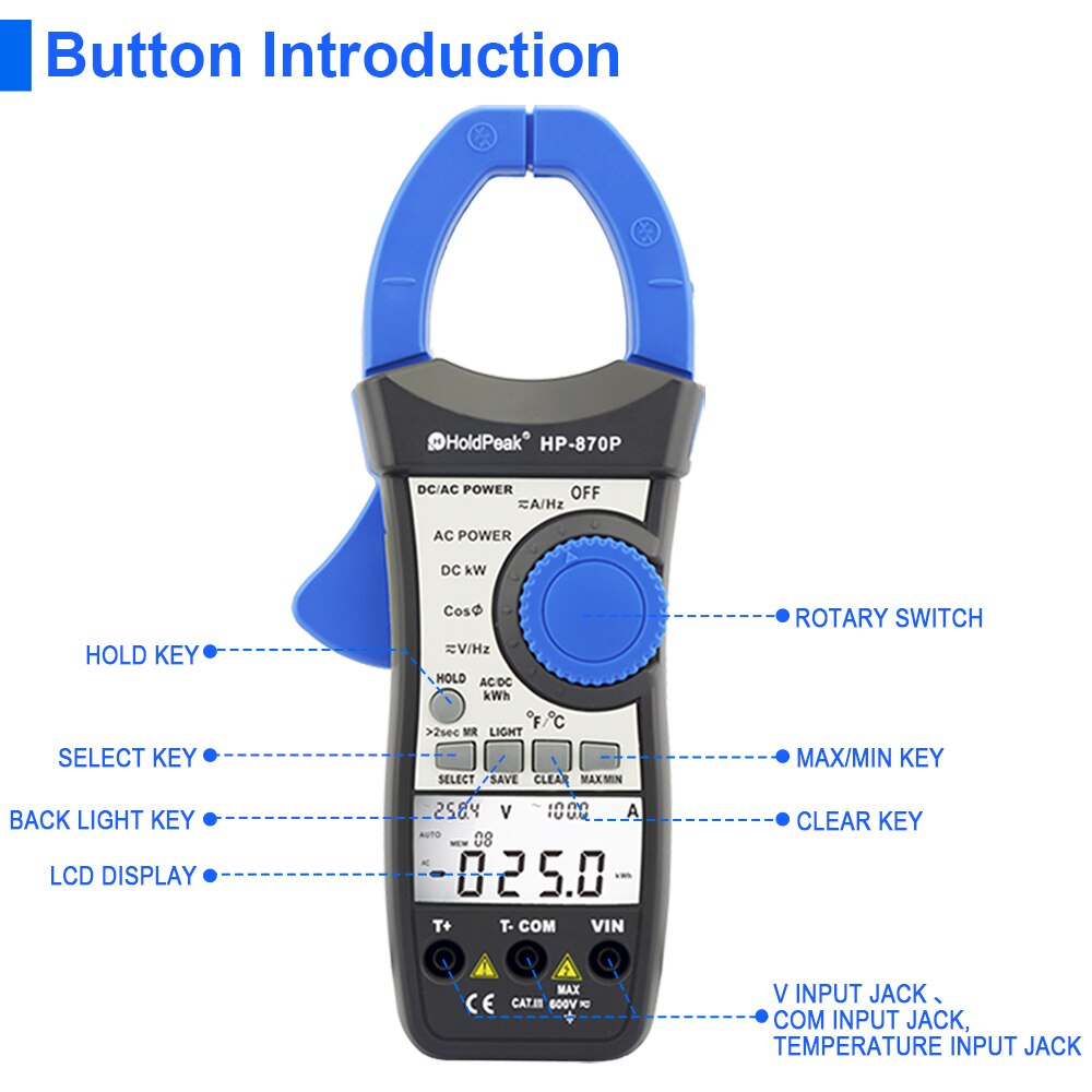 Power Clamp Meter 870P (RU Warehouse ) HoldPeak 99.99kW/100kW~300kW Active Power Energy Diagnostic Tester