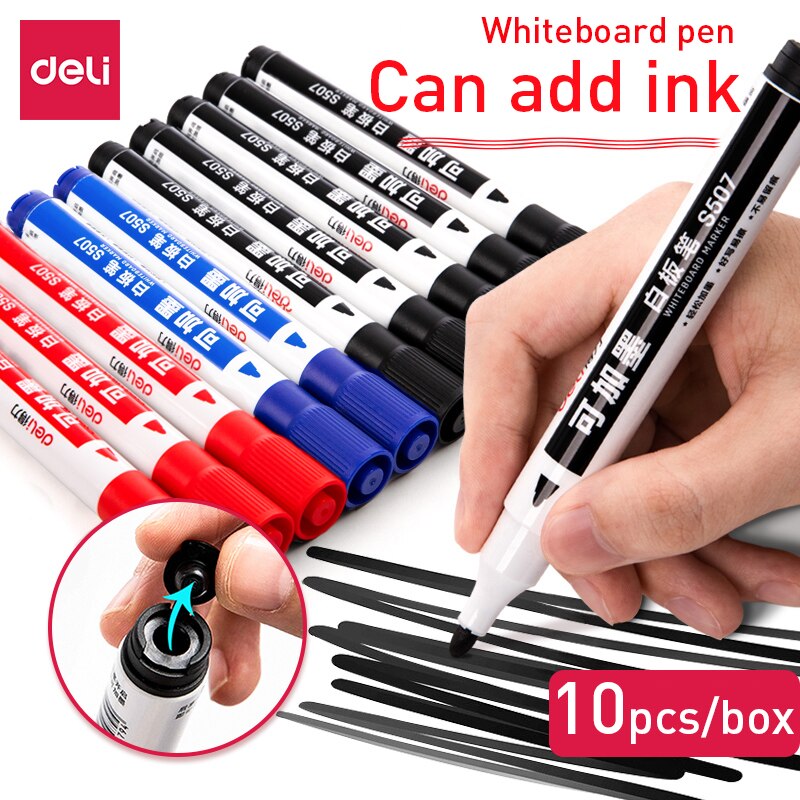 Deli Navulbare Whiteboard Pen Kan Worden Gevuld Met Inkt Herhaaldelijk Gebruikt Zwart Rood Blauw Kantoor Whiteboard Pen