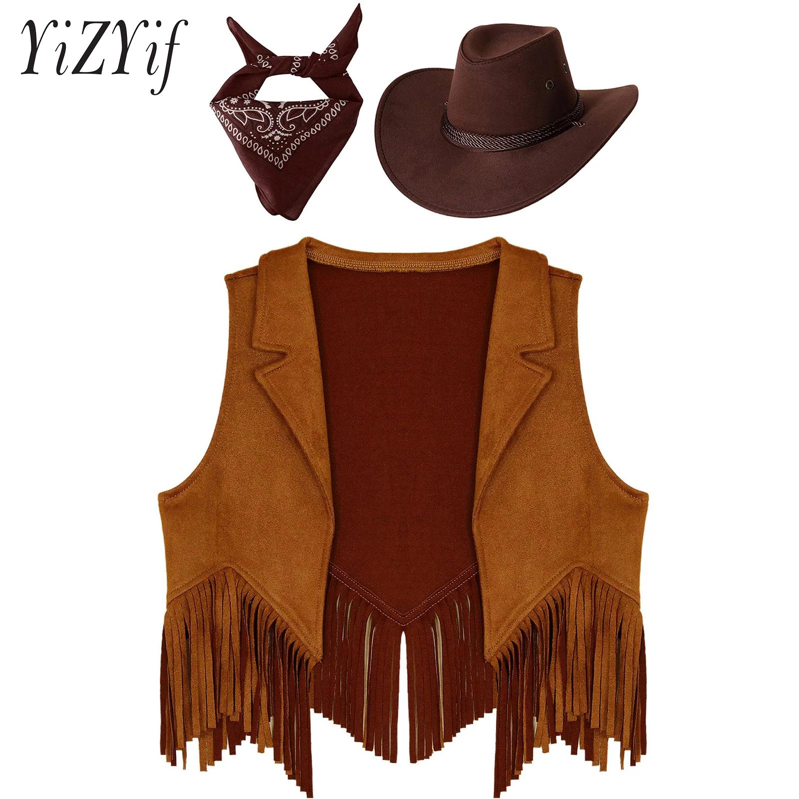 Western-Cowboy-Kostüm für Jungen und Mädchen, Quasten, Weste, Mantel mit Hut, Bandana, Karneval, Halloween, Party, Cosplay, Verkleidung