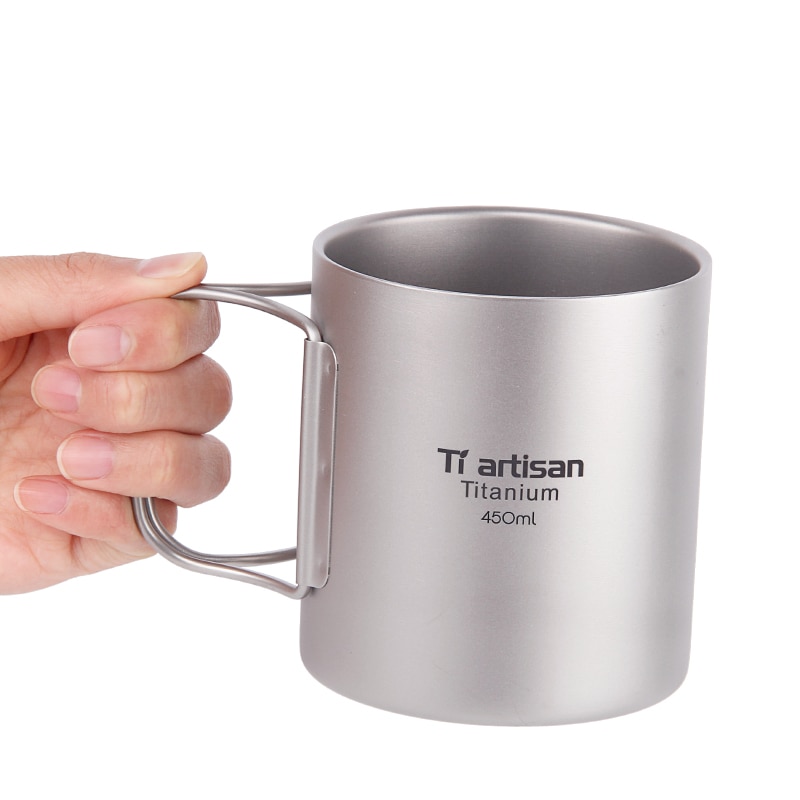 Tiartisan-taza de titanio para exteriores, taza de doble pared aislada de 450 ml, taza de café de doble capa de titanio, botella deportiva para acampar