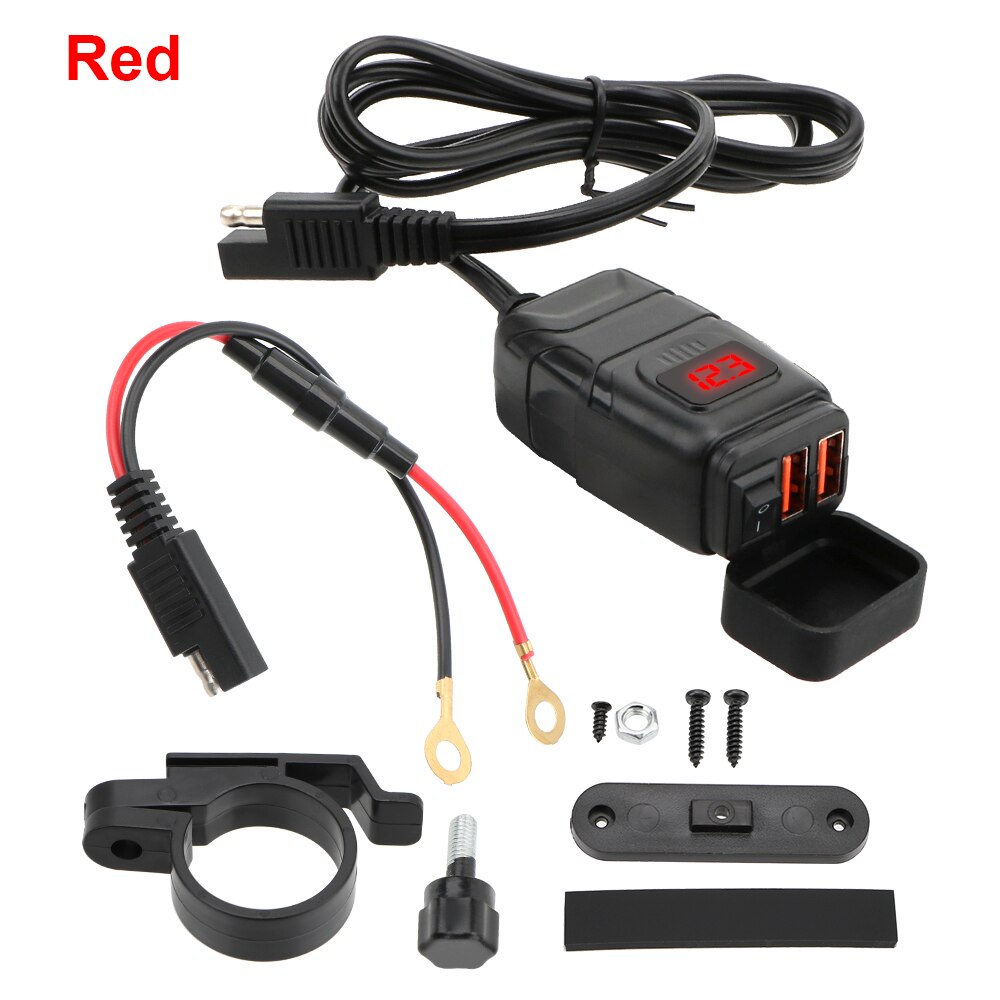 Qc 3.0 dual usb moto oplader digital voltmeter adapter til off switch køretøjs monteret motorcykel usb oplader moto tilbehør: Rød