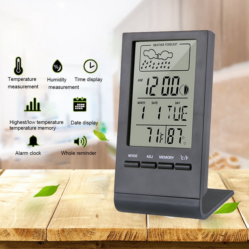 Digitalt lcd indendørs termometer hygrometer vækkeur kalender vejrstation skrivebord ur temperatur luftfugtighed meter barometer