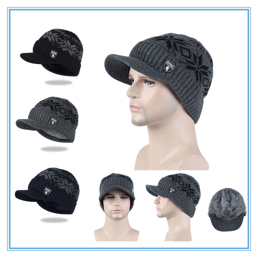 Plus fløjlsstrikket hue vinterhuer til mænd skullies beanies varm kasket mænd baseballkasket snesort printede ski peaked caps