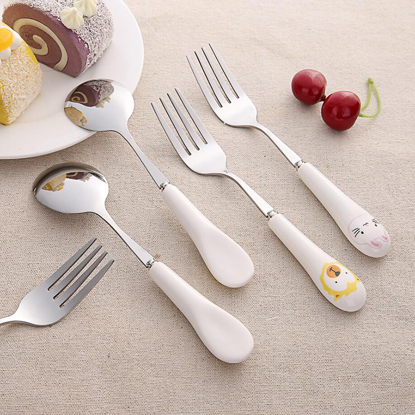Tenedor con dibujo de gato, cuchara agitadora de mango largo de acero inoxidable, fruta, tenedor cuchara café, mango de cerámica, 1 ud.