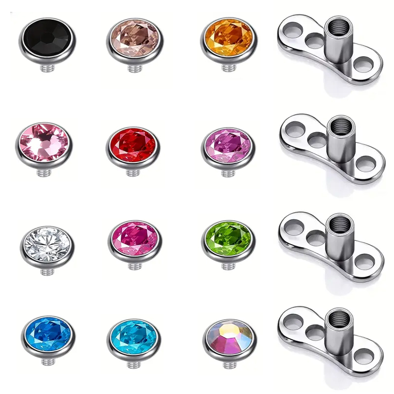 16PCS Crystal Dermal Anchor Tops 3-6mm 14G Surgical Steel Surface Piercing Skin Base: Imitation Rhodium Plated