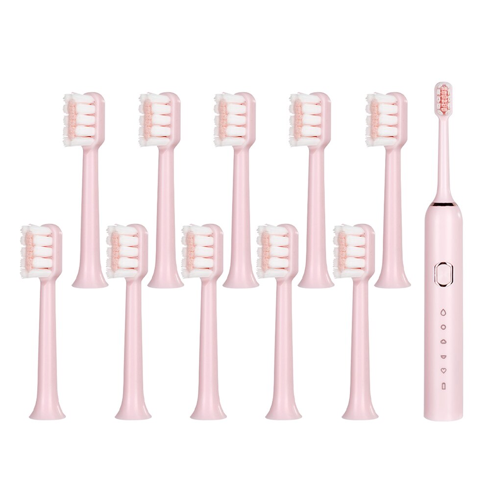Intelligent Automatic Electric Toothbrush Adult 5 Modes Tooth Brush USB Charging Waterproof Tooth Whitening tooth Heads Set: 1set pink and 10TB