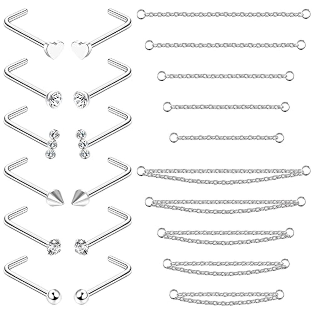 Anneaux de nez en chaîne pour femmes et hommes, Piercing, Double avec chaîne, clous, 20G