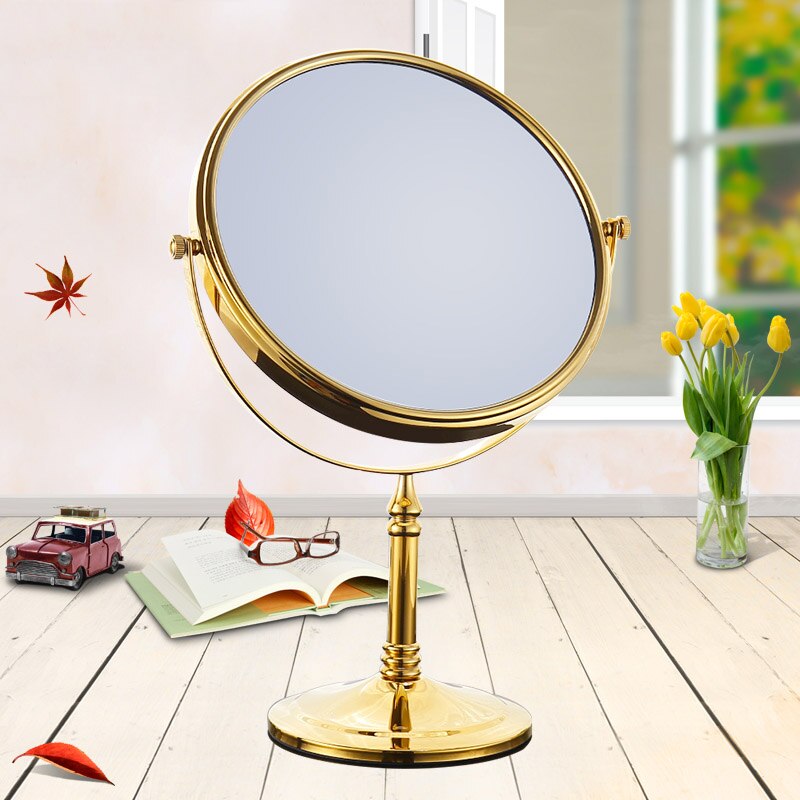 Luxury Golden Brass Makeup Mirror 8 inch Round Dual Sided Mirror 360-Degree Rotating Stand Vanity Magnifier Mirror